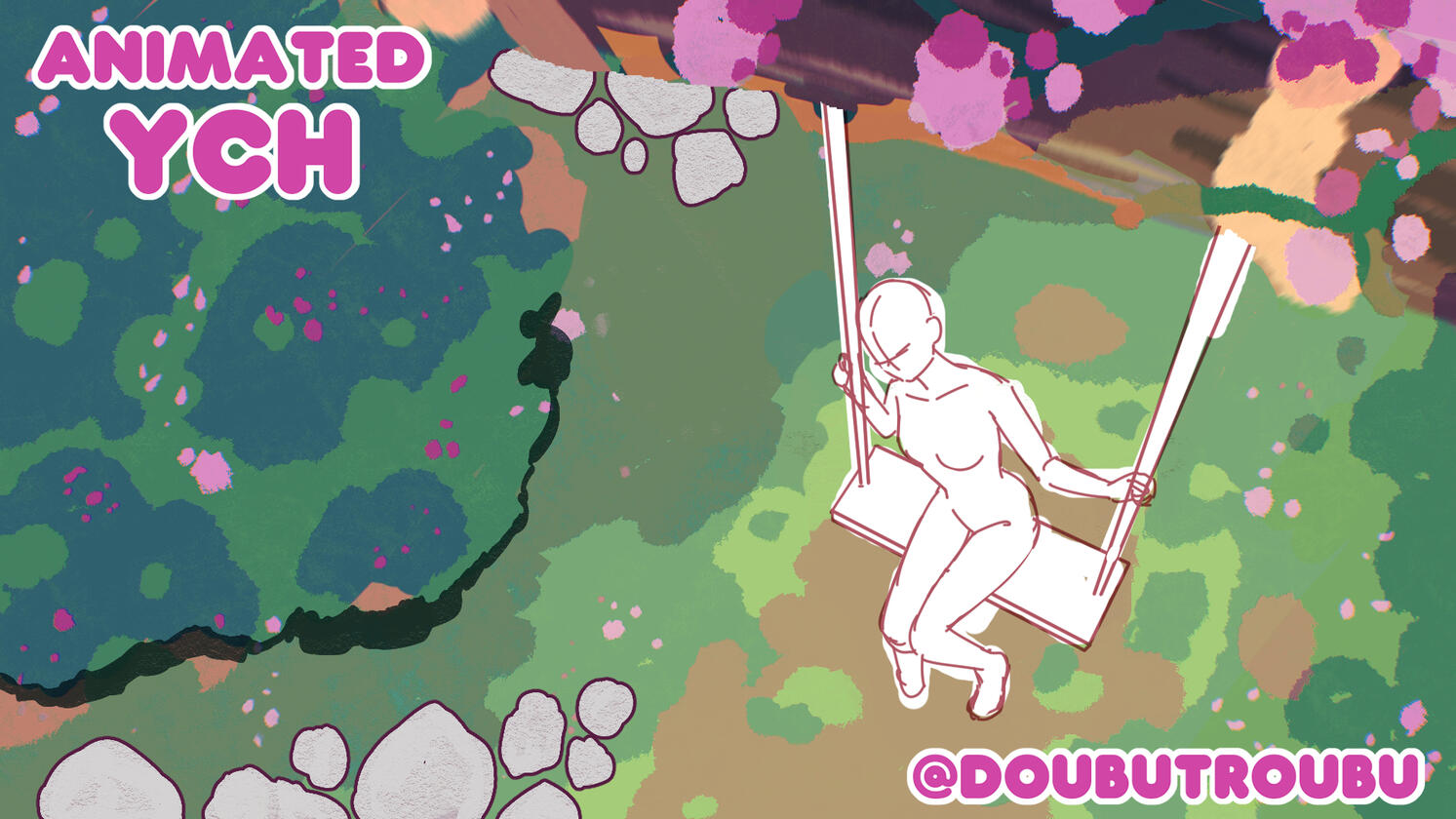 Character swings back and forth gently. Butterflies flutter around the garden.