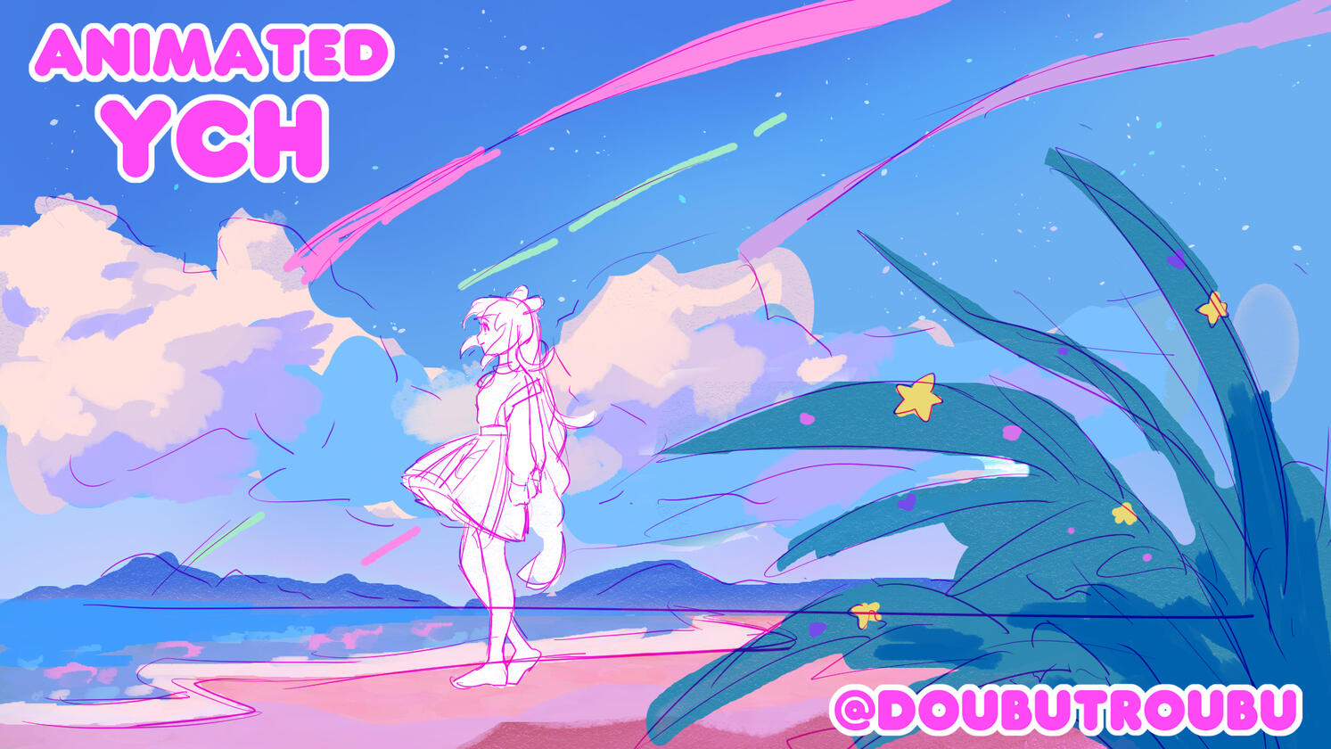 Character stands on a beach with soft wind blowing through their hair.