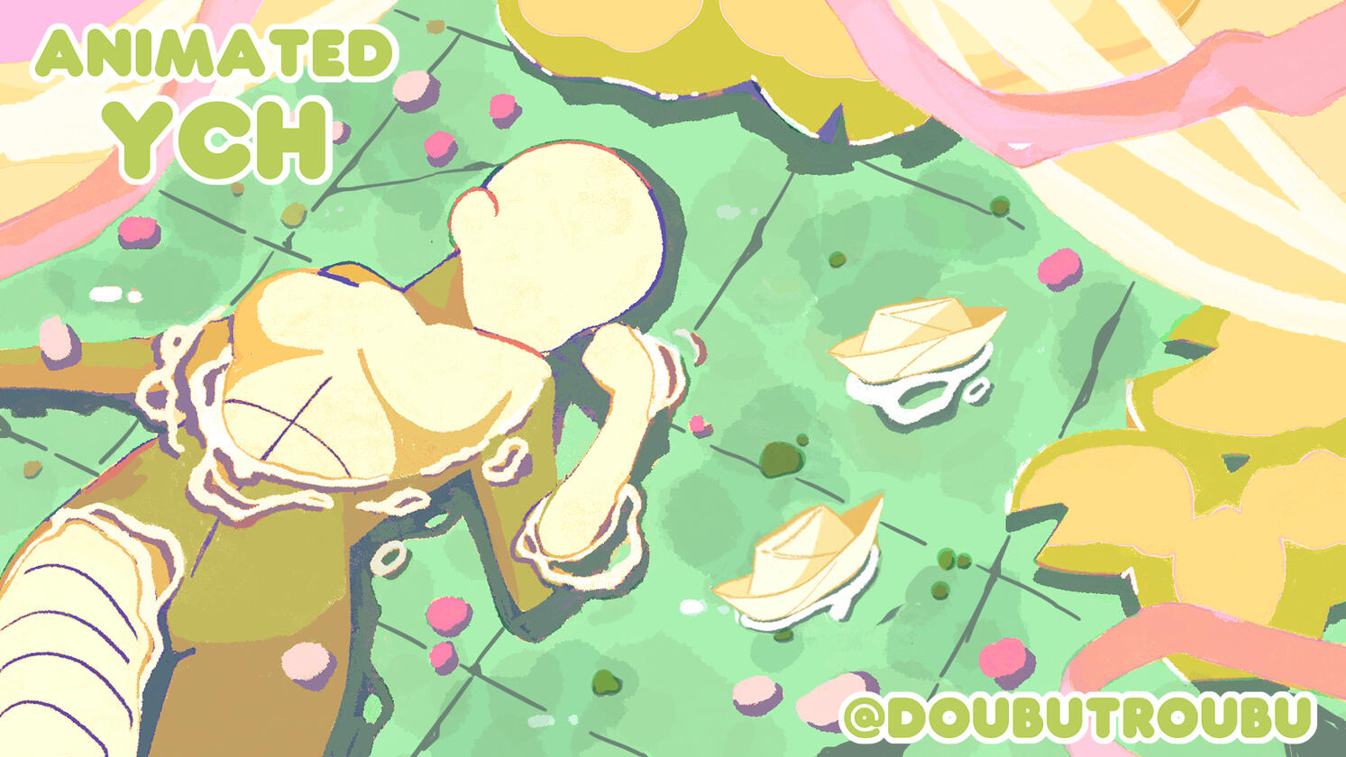 Character is shown sleeping in a shallow pool of water.