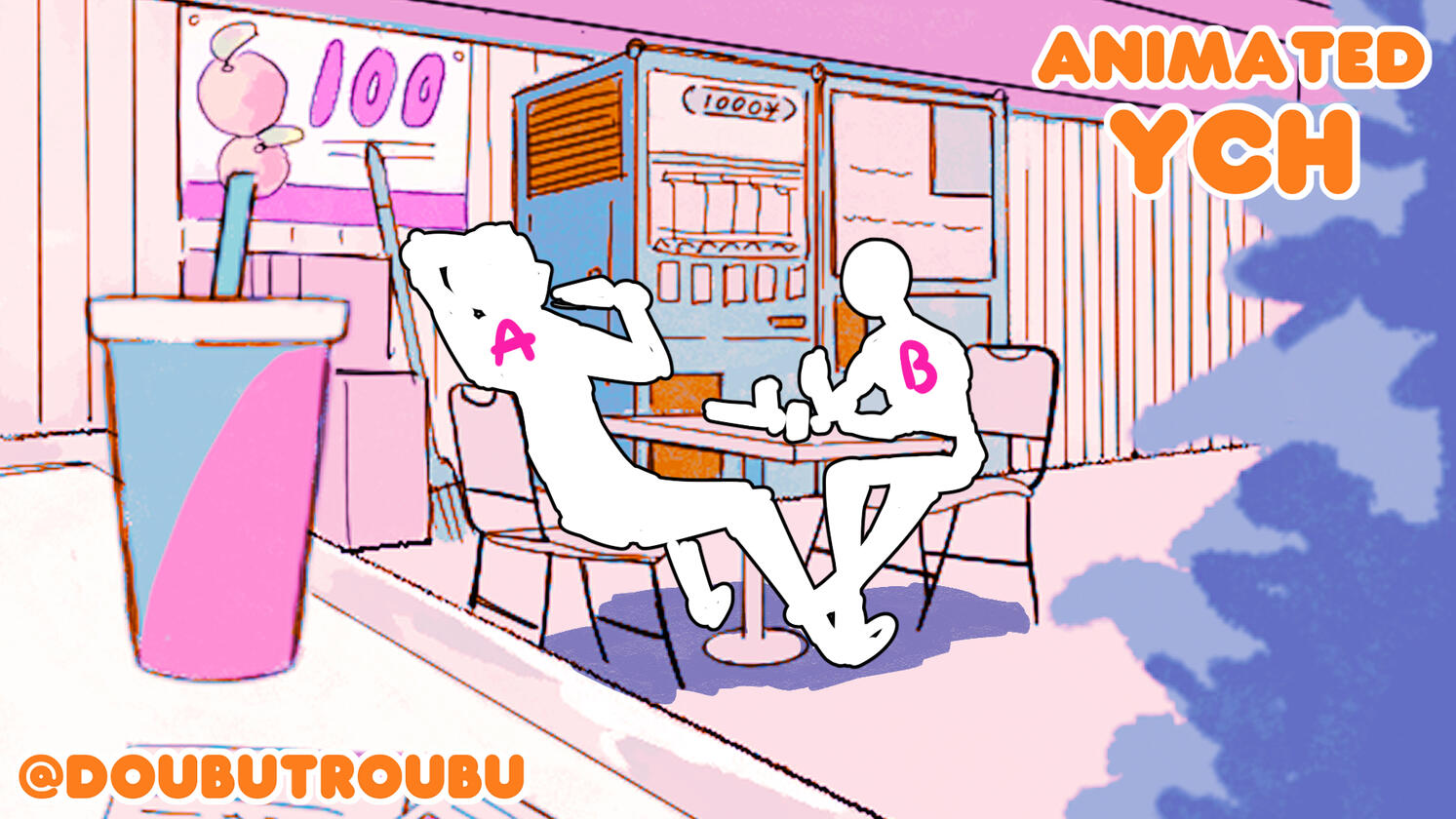 Two characters sitting down with pizza. B is texting while A is leant back eating a slice of pizza. B stops to show A something on their phone. The two laugh.