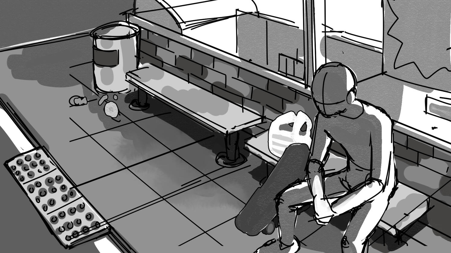 Character sits outside of convenience store at night. Client has the option to choose between eating, drinking, or smoking.