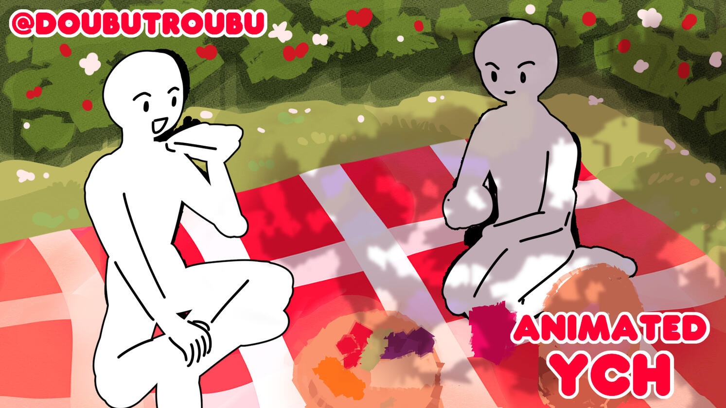 Two people enjoy a warm picnic day. One character spreads jam on slice of bread to feed the other character.