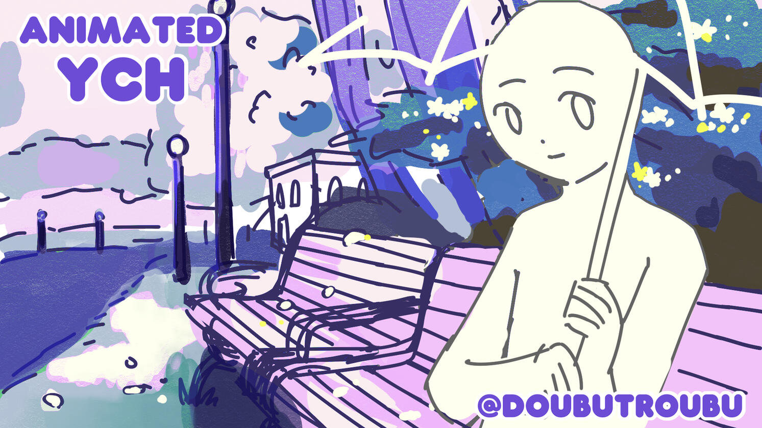 Character sits with umbrella under light rain. Character reaches out to catch a drop.