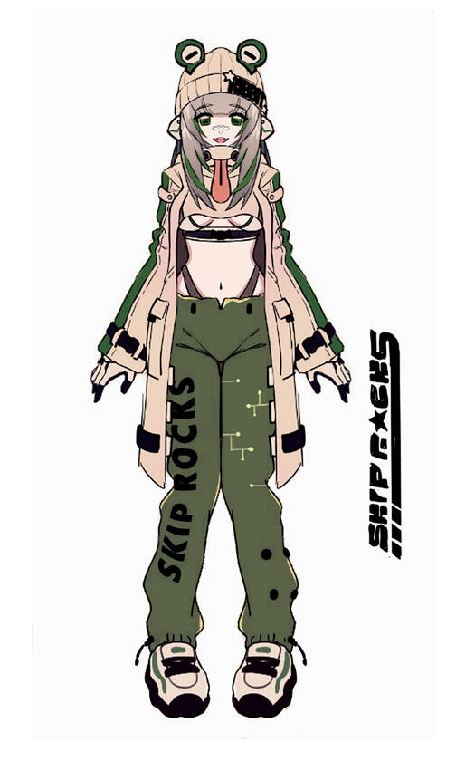 $5000 USD. The design features a techy y2k inspired frog girl. The package comes with 3 outfits: the underwear, the design as depicted, and a version of the coat fully enclosed. The frog ears blink and change based on emotion. Accompanying her will be a ro